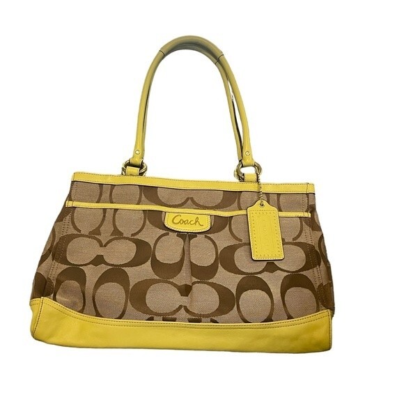 Coach Hampton Satchel Set w/ Wristlet Wallet. Signature w/ Yellow Leather Trim. - Picture 2 of 13